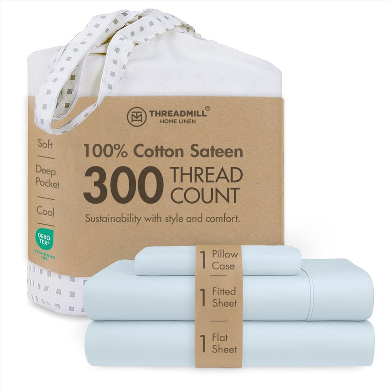 Threadmill Cotton Twin XL Sheet Set | 100% Cotton Sheets for Twin XL Size Bed | Solid Sateen Twin XL Bed Sheets Set with 16â€ Deep Pocket | Soft Breathable 3-Piece Cooling Sheets | Light Blue - Image 1